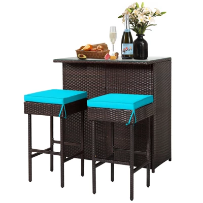 Tangkula 3PCS Patio Wicker Rattan Bar Set Table W/2 Turquoise Cushioned Stools 8 Tangkula 3PCS Patio Wicker Rattan Bar Set Table W/2 Turquoise Cushioned Stools - Image 8