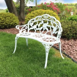 Sunnydaze Decor Sunnydaze 2-Person Classic Rose Design Cast Aluminum Outdoor Garden Bench, White -Crosley shop GUEST cffb6815 de4b 4785 9b08 c03986b362c8
