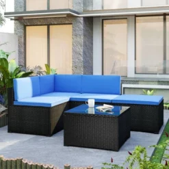 5pc Wicker Patio Sectional Seating Set With Cushions - Black/Blue - GODEER -Crosley shop GUEST d08e1c90 219e 4be2 ae25 3dddae9ce1f7