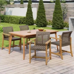 Christopher Knight Home Maris Rustic 5 Piece Outdoor Acacia Wood Rattan Dining Set With Slatted Table, Mocha/Teak