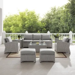 Bradenton 7pc Outdoor Wicker Sofa And Arm Chair Seating Set With Coffee Table, Side Table And 2 Ottomans - Gray/Gray - Crosley -Crosley shop GUEST d320e67a 2339 407e afa1 434497038823