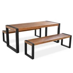 3pcs Patio Dining Set, Outdoor Dining Table With 2 Benches, Acacia Wood Top & Steel Frame, All Weather, Outdoor & Indoor, Natural -ModernLuxe -Crosley shop GUEST d3536b5d 84a1 43ed b7fb 6f992f10023f