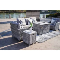 5pc Patio Wicker Conversation Set With Fire Pit Light Gray - Direct Wicker