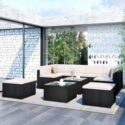 10pc Wicker Patio Sectional Seating Set With Cushion - Black/Beige - GODEER 1 10pc Wicker Patio Sectional Seating Set With Cushion - Black/Beige - GODEER