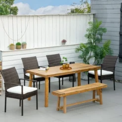 Outsunny Outdoor Dining Set For 6, Patio Dining Furniture Set With PE Wicker Chairs, Armrests, Wood Loveseat Bench & Dinner Table, Cushions, White -Crosley shop GUEST d7dcde47 9b0b 4d1d b8bc d196181e1504