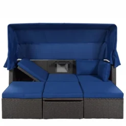 4pc Outdoor Wicker Rectangle Daybed With Canopy & Cushions - Blue - GODEER -Crosley shop GUEST d8a300c2 1f3d 4213 8bf6 f5c43fe34b86