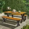 Christopher Knight Home Sabrina 3 Piece Outdoor Dining Set With Rustic Iron X-Base Table And Benches