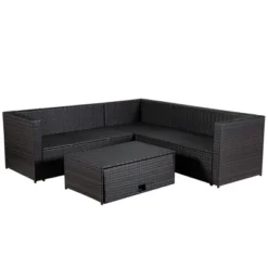 4pc Wicker Patio Sectional Seating Set With Cushions - Brown/Blue - GODEER -Crosley shop GUEST db78b01a 346c 4449 b809 0c22f3b2b7d0