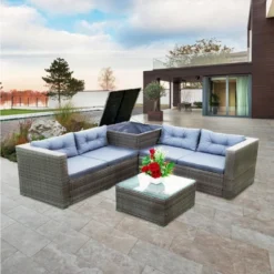 4pc Wicker Patio Conversation Seating Set With Thick Cushions - Gray - GODEER 16 4pc Wicker Patio Conversation Seating Set With Thick Cushions - Gray - GODEER -Crosley shop GUEST ddbf5ea5 989e 4d20 a9bb d8e724016e7d