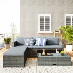 4pc Outdoor Wicker Conversation Sectional Set With Cushions - Gray - GODEER -Crosley shop GUEST e46a0d61 9c6a 43a5 bb26 a88b5035717f
