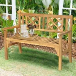 Costway Patio Outdoor Solid Wood Bench Folding Loveseat Chair Park Garden Deck Furniture -Crosley shop GUEST e5027a92 88b7 4eea 9f6a 991ebbc3bf4b