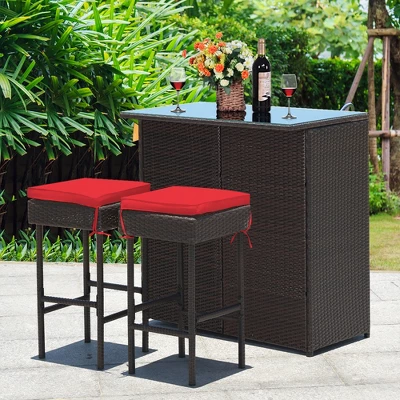 Costway 3PCS Patio Rattan Wicker Bar Table Stools Dining Set Cushioned Chairs Garden Red 1 Costway 3PCS Patio Rattan Wicker Bar Table Stools Dining Set Cushioned Chairs Garden Red