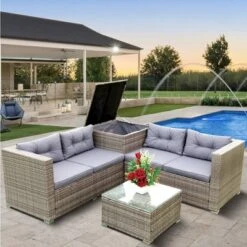 4pc Wicker Patio Conversation Seating Set With Thick Cushions - Gray - GODEER