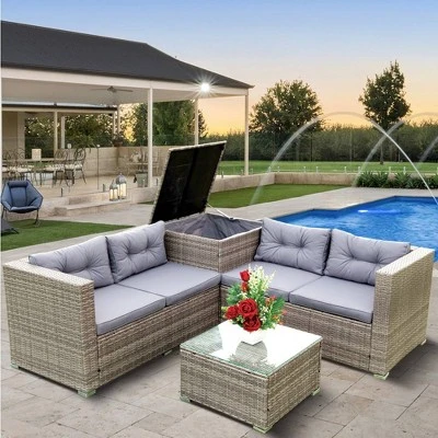 4pc Wicker Patio Conversation Seating Set With Thick Cushions - Gray - GODEER 1 4pc Wicker Patio Conversation Seating Set With Thick Cushions - Gray - GODEER