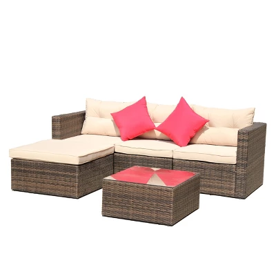 5pc Wicker Patio Sectional Seating Set With Shallow Cushions - Brown - GODEER 6 5pc Wicker Patio Sectional Seating Set With Shallow Cushions - Brown - GODEER - Image 6