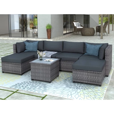 7pc Outdoor Set With Rattan Sofa & Cushions - Gray - GODEER 1 7pc Outdoor Set With Rattan Sofa & Cushions - Gray - GODEER