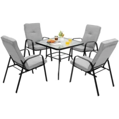 Costway Patiojoy 5pcs Patio Dining Set 4 Stackable Chairs Cushioned Square Glass Table -Crosley shop GUEST eeae6088 698d 4d2a 8cfc eebb9016a21e