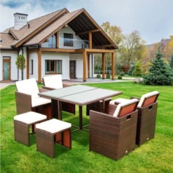 9pc Wicker Outdoor Dining Set With Cushion - Dark Brown/Beige - GODEER