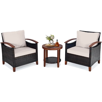 Tangkula 3-Piece Patio Rattan Bistro Set Acacia Wood Frame Sofa And Side Table 11 Tangkula 3-Piece Patio Rattan Bistro Set Acacia Wood Frame Sofa And Side Table - Image 11