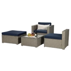 4pc Outdoor Wicker Conversation Set With Cushions - Navy/Beige - GODEER -Crosley shop GUEST ef70f0e2 9703 415a a92b 2ee66209ffac