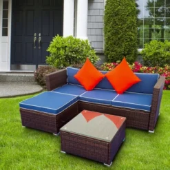 3pc Wicker Patio Sectional Seating Set With Cushions - Brown/Blue - GODEER -Crosley shop GUEST ef94066b 0453 41bd bfe0 78522bcdc5f8
