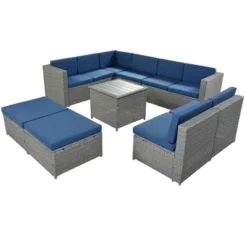 9pc Wicker Patio Conversation Set With Cushions - Blue - GODEER -Crosley shop GUEST f24b5f82 cf53 445e b9b7 4bcd5f90f39f