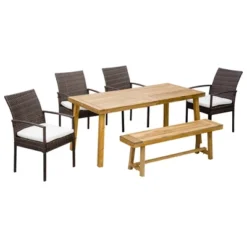 Outsunny Outdoor Dining Set For 6, Patio Dining Furniture Set With PE Wicker Chairs, Armrests, Wood Loveseat Bench & Dinner Table, Cushions, White -Crosley shop GUEST f299185d 813e 4713 8a2d 960cbeb561fb