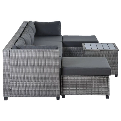 7pc Outdoor Set With Rattan Sofa & Cushions - Gray - GODEER 7 7pc Outdoor Set With Rattan Sofa & Cushions - Gray - GODEER - Image 7