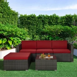 5pc Rattan Wicker Outdoor Conversation Set - Gray/Red - GODEER