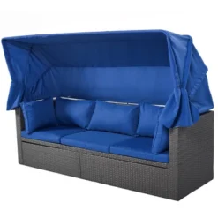 4pc Outdoor Wicker Rectangle Daybed With Canopy & Cushions - Blue - GODEER -Crosley shop GUEST f61777c4 658b 4c47 94d6 a2b9490a7e2f