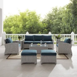 Bradenton 7pc Outdoor Wicker Sofa And Arm Chair Seating Set With Coffee Table, Side Table And 2 Ottomans - Navy/Gray - Crosley -Crosley shop GUEST f76b5ce1 9b6d 4ac3 afc1 f0ccf21bb2ac