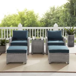Bradenton 5pc Outdoor Wicker Seating Set With Side Table, 2 Arm Chairs And 2 Ottomans - Navy/Gray - Crosley -Crosley shop GUEST f7931052 76c8 4f7a a39c d83f95ab8f88