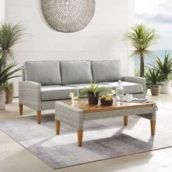Capella Outdoor Wicker 2 Pc Sofa And Coffee Table Set Gray/Acorn - Crosley -Crosley shop GUEST f7ab8bfe 4b59 4a67 9e36 e2089fe418ba