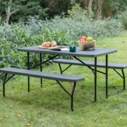 Gardenised Gray Outdoor Foldable Woodgrain Portable Picnic Table Set, 5 Feet Long -Crosley shop GUEST f7f859c2 cd7a 40b6 b35e 4608f6674563