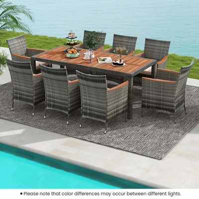 Costway 9 Pieces Outdoor Wicker Dining Set With Acacia Wood Table And 8 Armchairs 3 Costway 9 Pieces Outdoor Wicker Dining Set With Acacia Wood Table And 8 Armchairs - Image 3