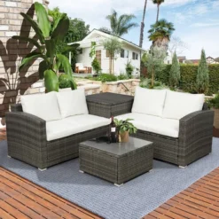 4pc Wicker Patio Conversation Set With Cushions - Gray/Beige - GODEER -Crosley shop GUEST f9a8c569 d4af 47c8 b114 a050b8f54c3c