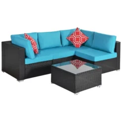 5pc Wicker Patio Sectional Seating Set With Cushions - Espresso/Blue - GODEER 14 5pc Wicker Patio Sectional Seating Set With Cushions - Espresso/Blue - GODEER -Crosley shop GUEST fd2d88cb 277d 4a6a 8df5 344d2d080018