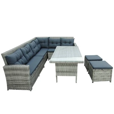 6pc Wicker Patio Set With Glass Table Ottomans - Gray/Dark Gray - GODEER 3 6pc Wicker Patio Set With Glass Table Ottomans - Gray/Dark Gray - GODEER - Image 3