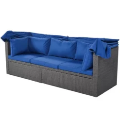 4pc Outdoor Wicker Rectangle Daybed With Canopy & Cushions - Blue - GODEER -Crosley shop GUEST ff0ce38e fffd 416a a99a a9bc9a14cd44