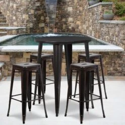 Flash Furniture Commercial Grade 30" Round Metal Indoor-Outdoor Bar Table Set With 4 Square Seat Backless Stools
